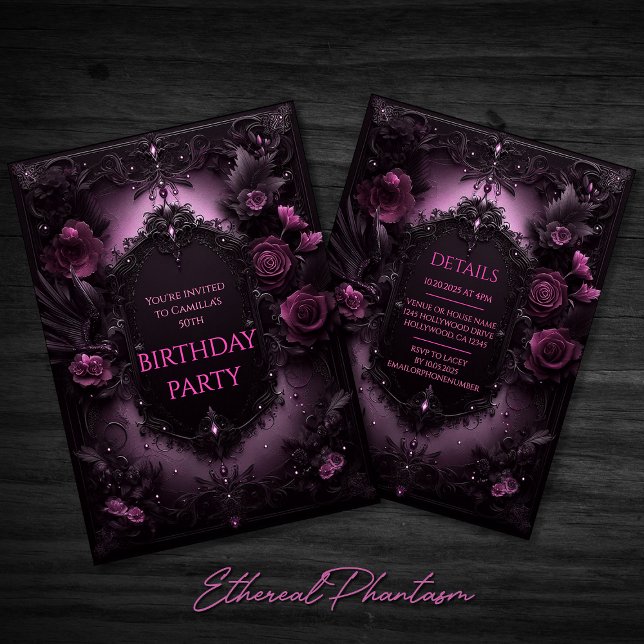Elegancia gótica invitación de cumpleaños rosa y n (Pink and Black Elegant Goth Goth Floral Rose Roses Birthday Party Invitation Invite Evite Dark Chic)