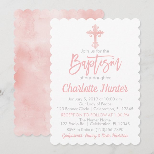 Elegancia simple chica Baptismo rosa Invitación (Anverso / Reverso)