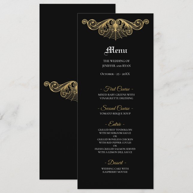 Elegant black and gold Gothic Wedding Menu (Anverso / Reverso)