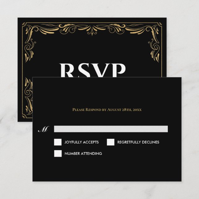 Elegant black and gold Gothic Wedding RSVP Card (Anverso / Reverso)