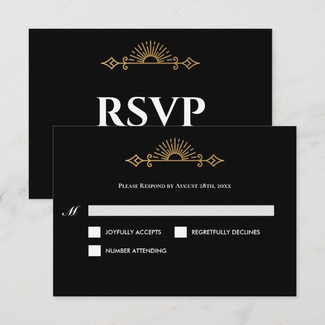 Elegant black and gold Gothic Wedding RSVP Card (Anverso / Reverso)