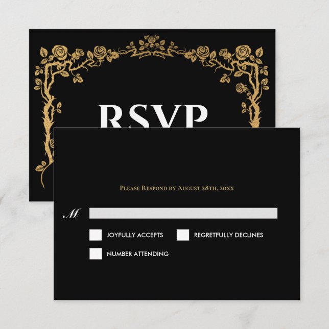 Elegant black and gold Gothic Wedding RSVP Card (Anverso / Reverso)