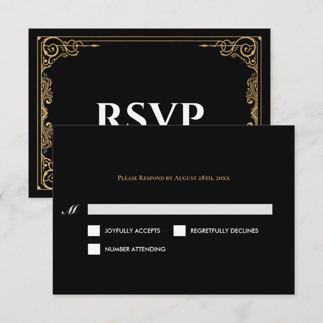 Elegant black and gold Gothic Wedding RSVP Card (Anverso / Reverso)