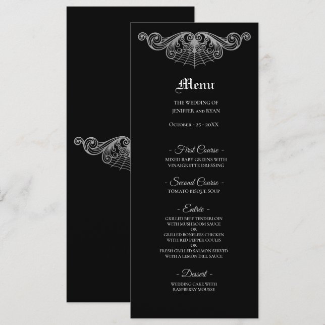 Elegant black and white Gothic Wedding Menu (Anverso / Reverso)