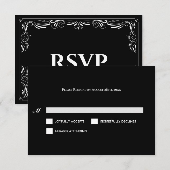 Elegant black and white Gothic Wedding RSVP Card (Anverso / Reverso)