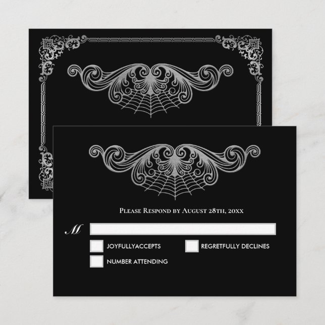 Elegant black and white Gothic Wedding RSVP Card (Anverso / Reverso)