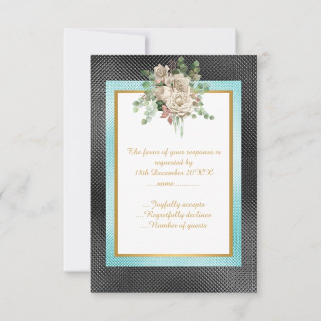 ELEGANT BLACK AQUA REPUJADO FLORAL RSVP PERSONALIZ (Anverso)