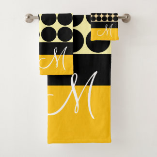 Elegant black  beige &  yellow dots monogram name
