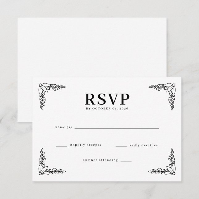 Elegant Black Botanical RSVP (Anverso / Reverso)