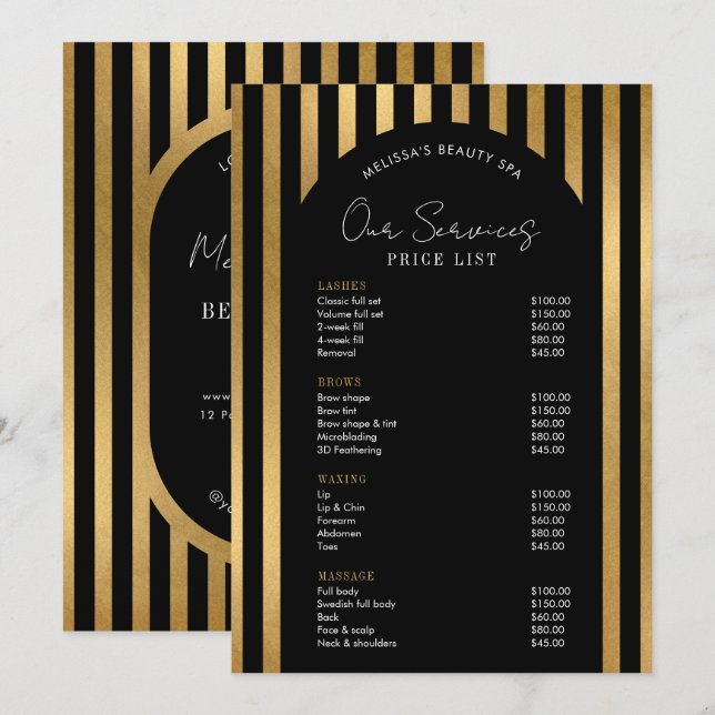 Elegant Black & Gold Lashes Hair Spa Price List (Anverso / Reverso)