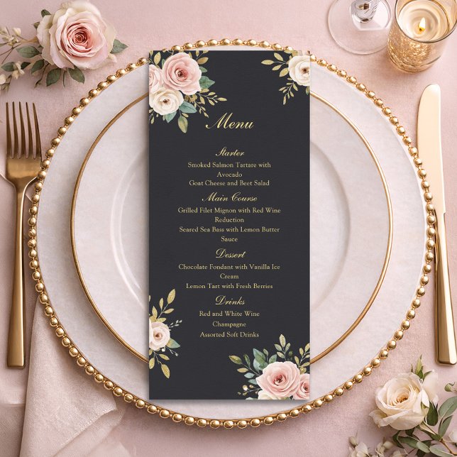 Elegant Black & Gold Roses Wedding Flat Menu (Subido por el creador)