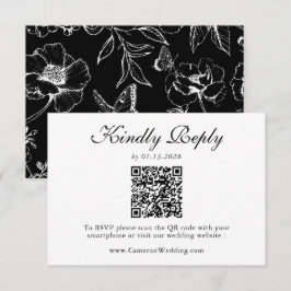 Elegant Black White Floral QR Code Wedding RSVP 