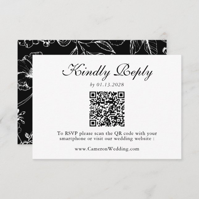 Elegant Black White Floral QR Code Wedding RSVP  (Anverso / Reverso)