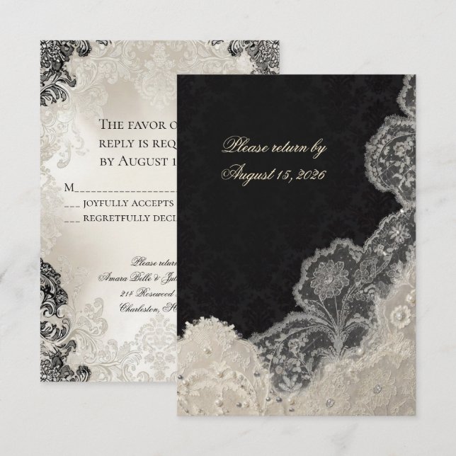 Elegant Black White Lace Wedding RSVP Card (Anverso / Reverso)