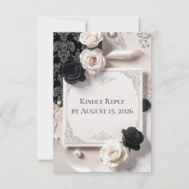 Elegant Black White Lace Wedding RSVP Card