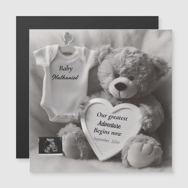 Elegant Black & White Pregnancy Announcement Card (Anverso/Reverso)