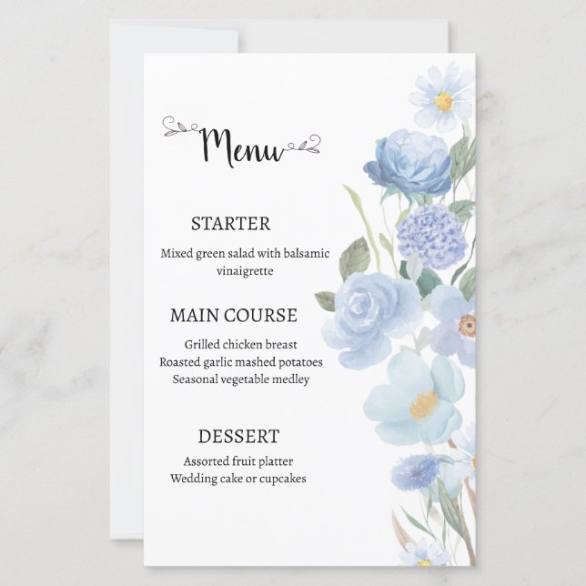 Elegant Blue Floral Wedding Menu (Anverso)