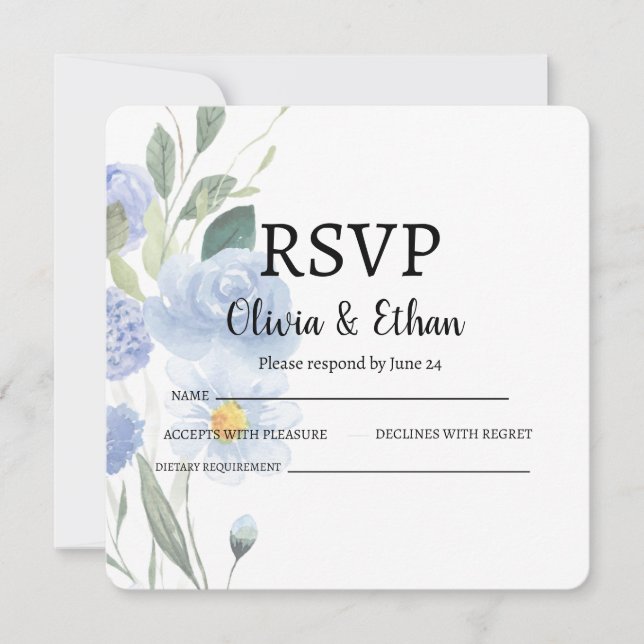 Elegant Blue Floral Wedding RSVP Card (Anverso)