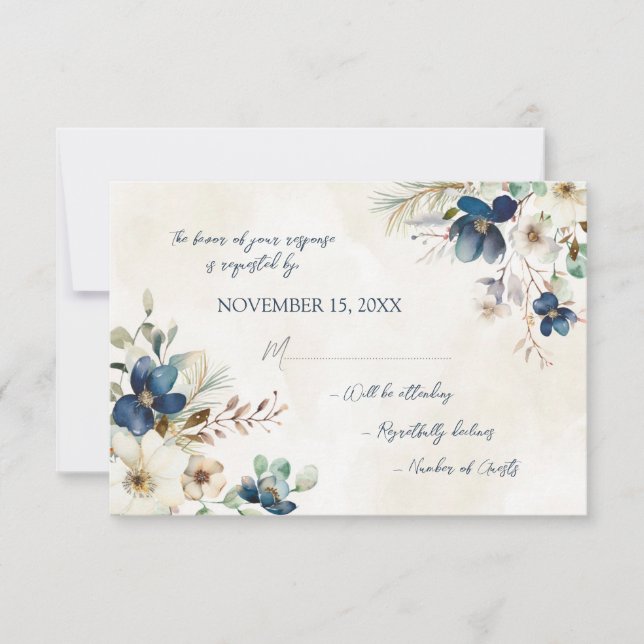 Elegant Blue Floral Winter RSVP Wedding Card (Anverso)