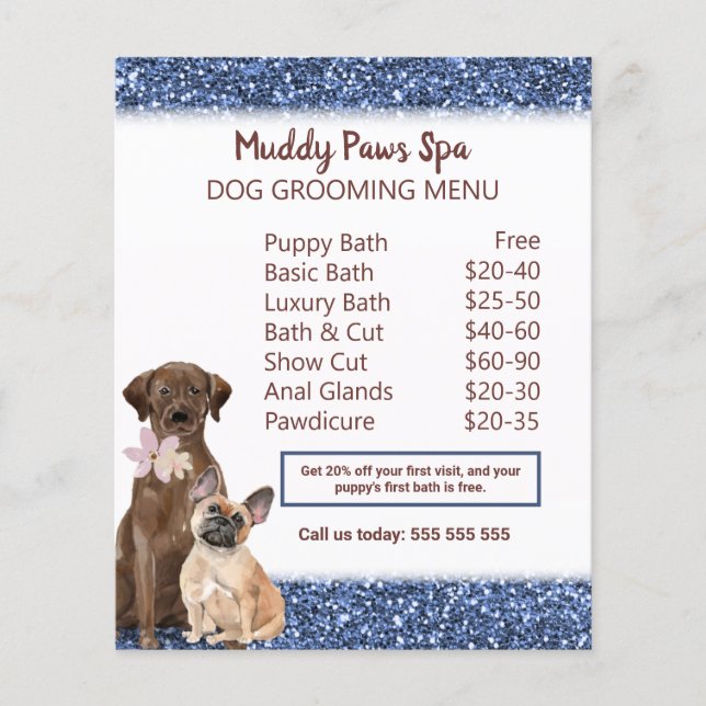 Elegant Blue Glitter Dog Grooming Menu  Flyer (Frente)