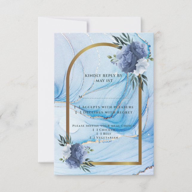 Elegant Blue & Gold Wedding RSVP Card  (Anverso)