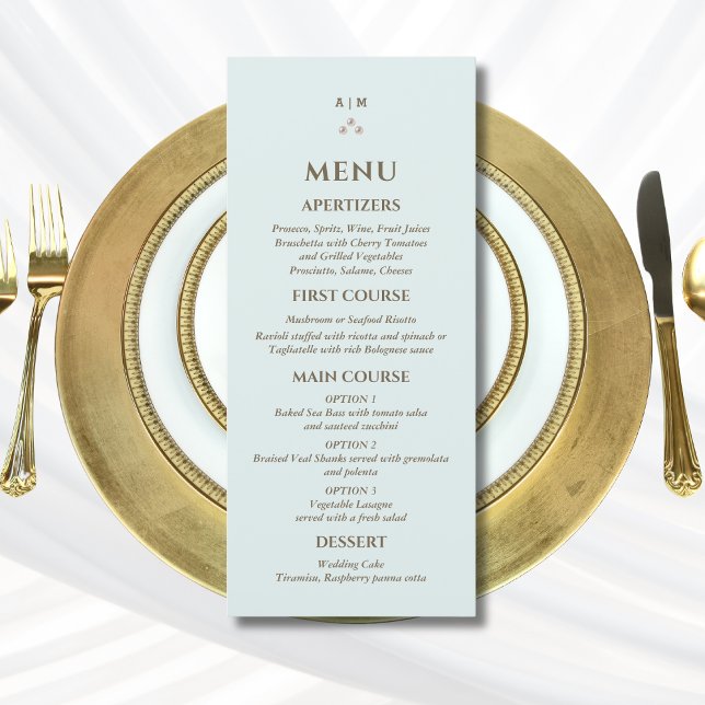 Elegant Blue Monogram Pearl Christian Wedding Menu (Subido por el creador)
