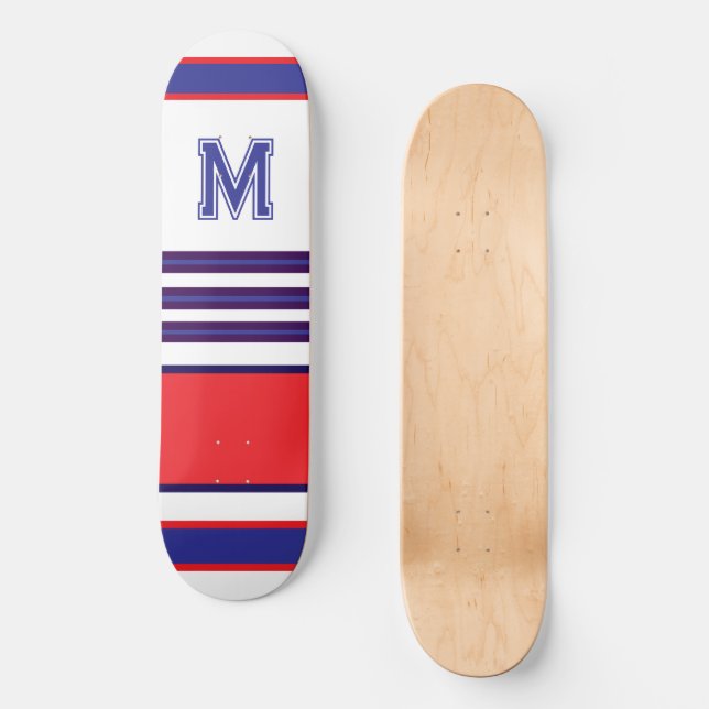 Elegant blue red white stripes monogram skateboard (Anverso)