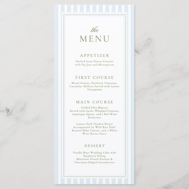 Elegant Blue Stripes Bridal Shower Menu (Anverso)