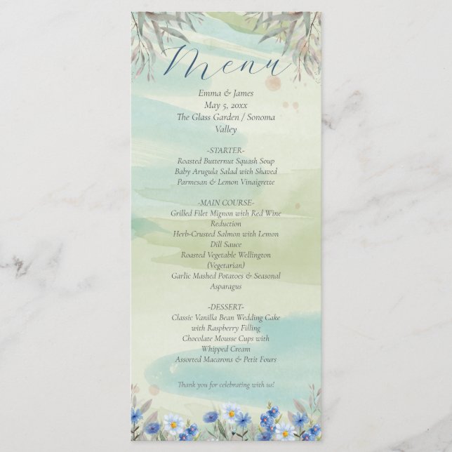 Elegant Blue Wildflower Frame Wedding Menu Card (Anverso)