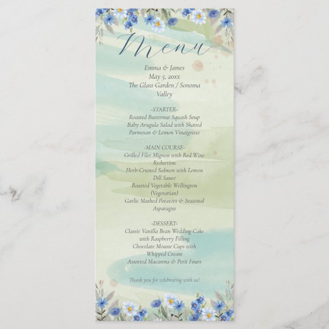 Elegant Blue Wildflower Frame Wedding Menu Card (Anverso)