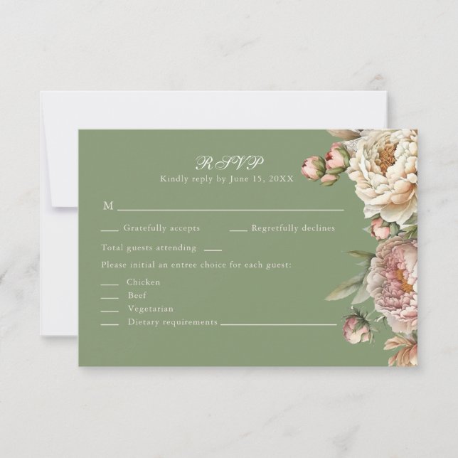 Elegant Blush and Sage Green Peonies RSVP Card (Anverso)
