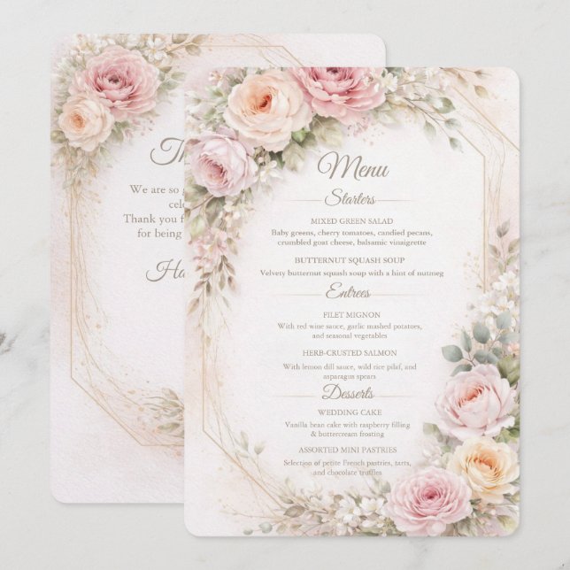 Elegant Blush Floral Wedding Menu Card  (Anverso / Reverso)