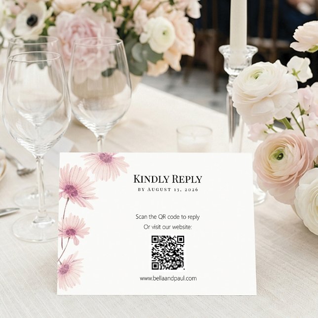Elegant Blush Pink Floral QR Code Wedding RSVP (Elegant pink floral wedding RSVP card with modern QR code. Easily customize!)
