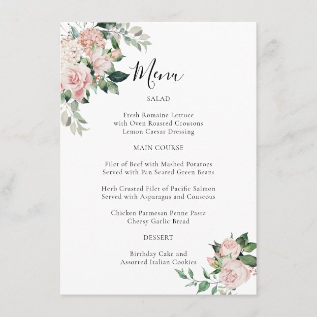Elegant Blush Pink Floral Special Occasion Menu (Anverso)