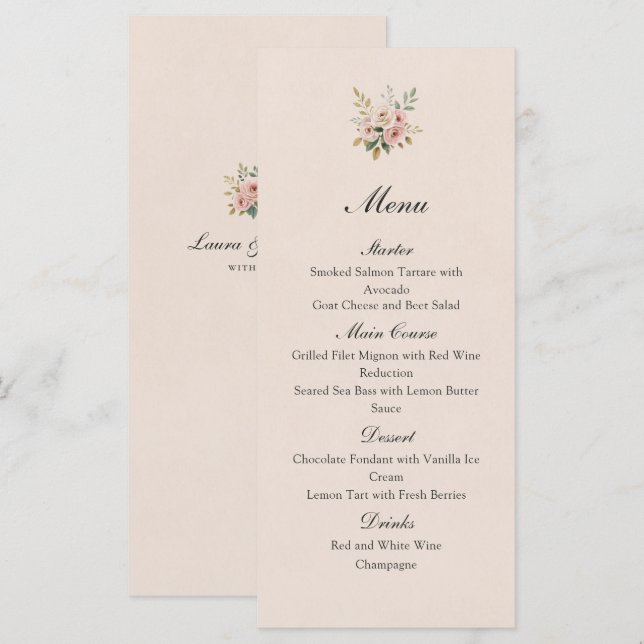 Elegant Blush Pink Gold Roses Wedding Flat Menu (Anverso / Reverso)
