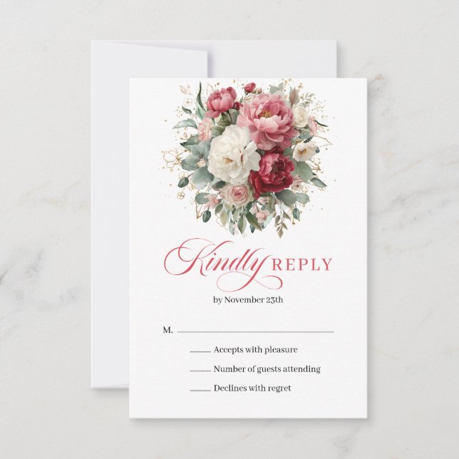 Elegant Boho Red Blush Floral Wedding RSVP Card (Anverso)