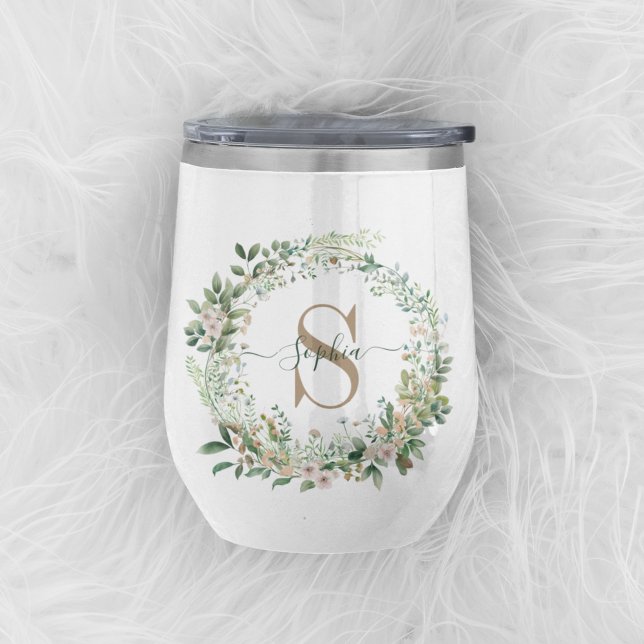 Elegant Botanical Monogram Wine Tumbler with Name (Subido por el creador)