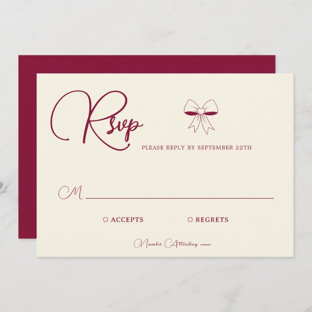 Elegant Burgundy Cream Ivory Bow Wedding RSVP Card (Anverso / Reverso)