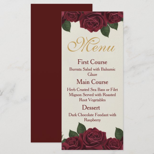 Elegant Burgundy Rose and Gold Floral Wedding Menu (Anverso / Reverso)