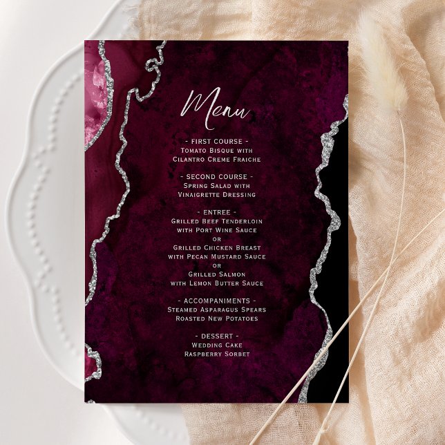 Elegant Burgundy Silver Agate Wedding Menu (Subido por el creador)