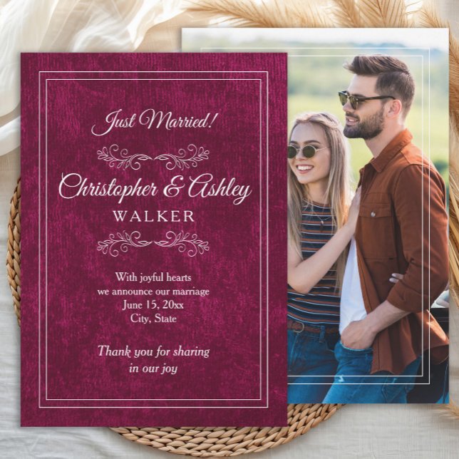 Elegant Burgundy Velvet Wedding Photo Announcement (Burgundy/Berry wedding photo announcement)