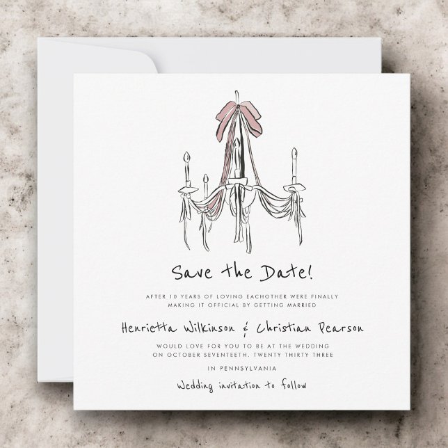 Elegant Chandelier Pink Bow Sketch Save the Date (Subido por el creador)