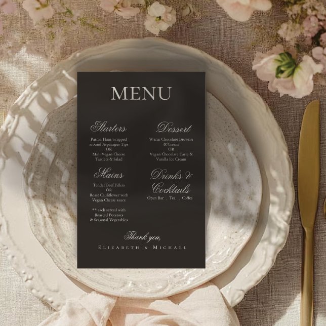 Elegant Charcoal Gold Boho Minimalist Wedding Menu (Subido por el creador)