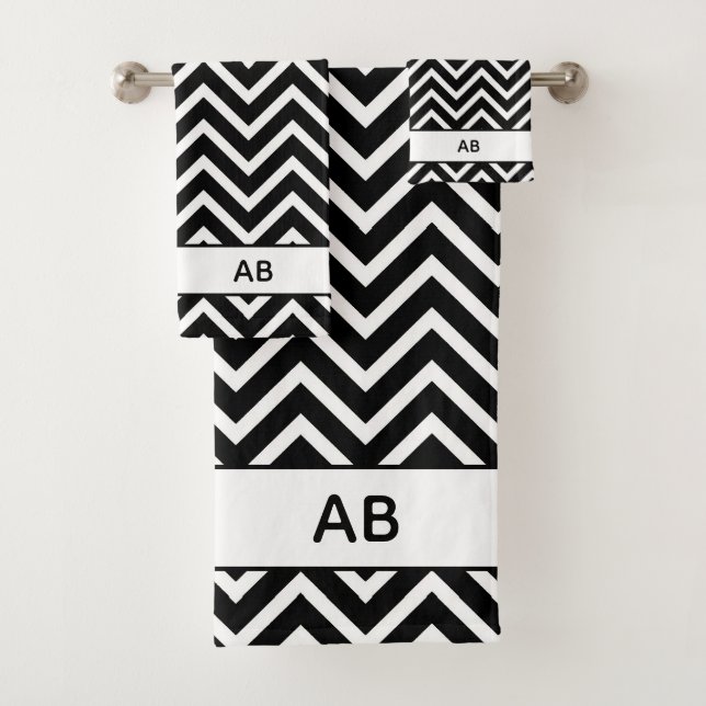 Elegant Chevron Pattern on Black White Monogrammed (In situ)