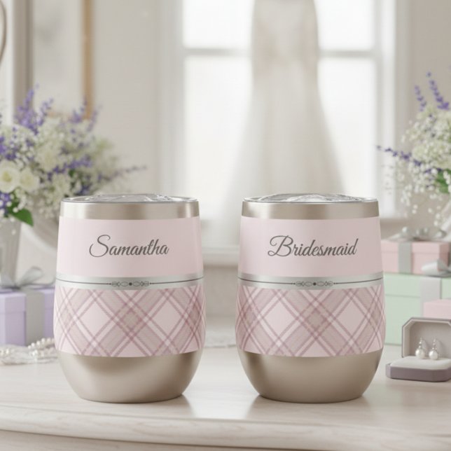 Elegant Chic and Pink Plaid Bridesmaid Name (Feature the name on the front and the bridal party title on the back for a truly custom gift)