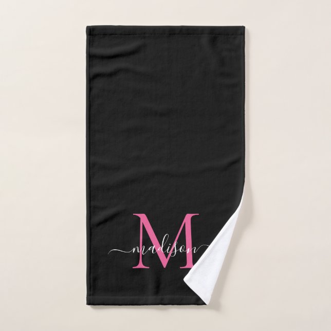Elegant Chic Black Hot Pink Monogram Script Name (Toalla de mano)