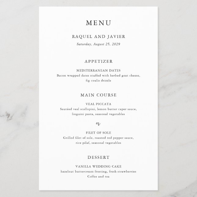 Elegant Classic Budget Wedding Menu (Frente)
