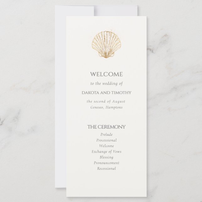 Elegant Coastal gold Seashell Wedding Program (Anverso)