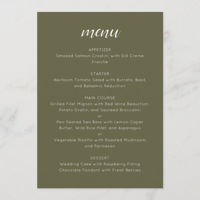 Elegant Custom Wedding Menu Template Olive Moss (Anverso)
