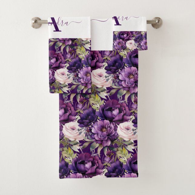 Elegant Deep Purple Floral Towel Set (In situ)